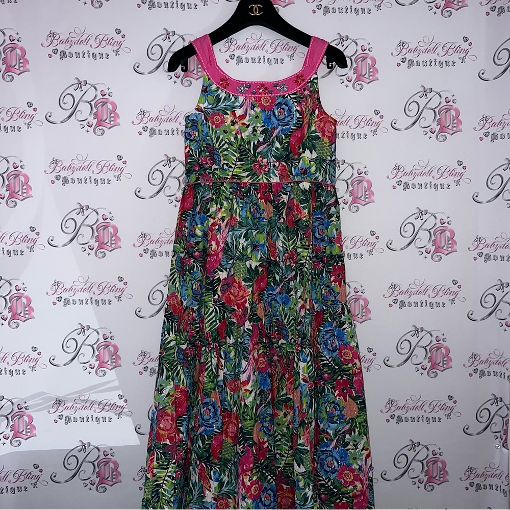 Monsoon dress tropical floral vacation gold sparkly thread jewels rhinestones 💎
